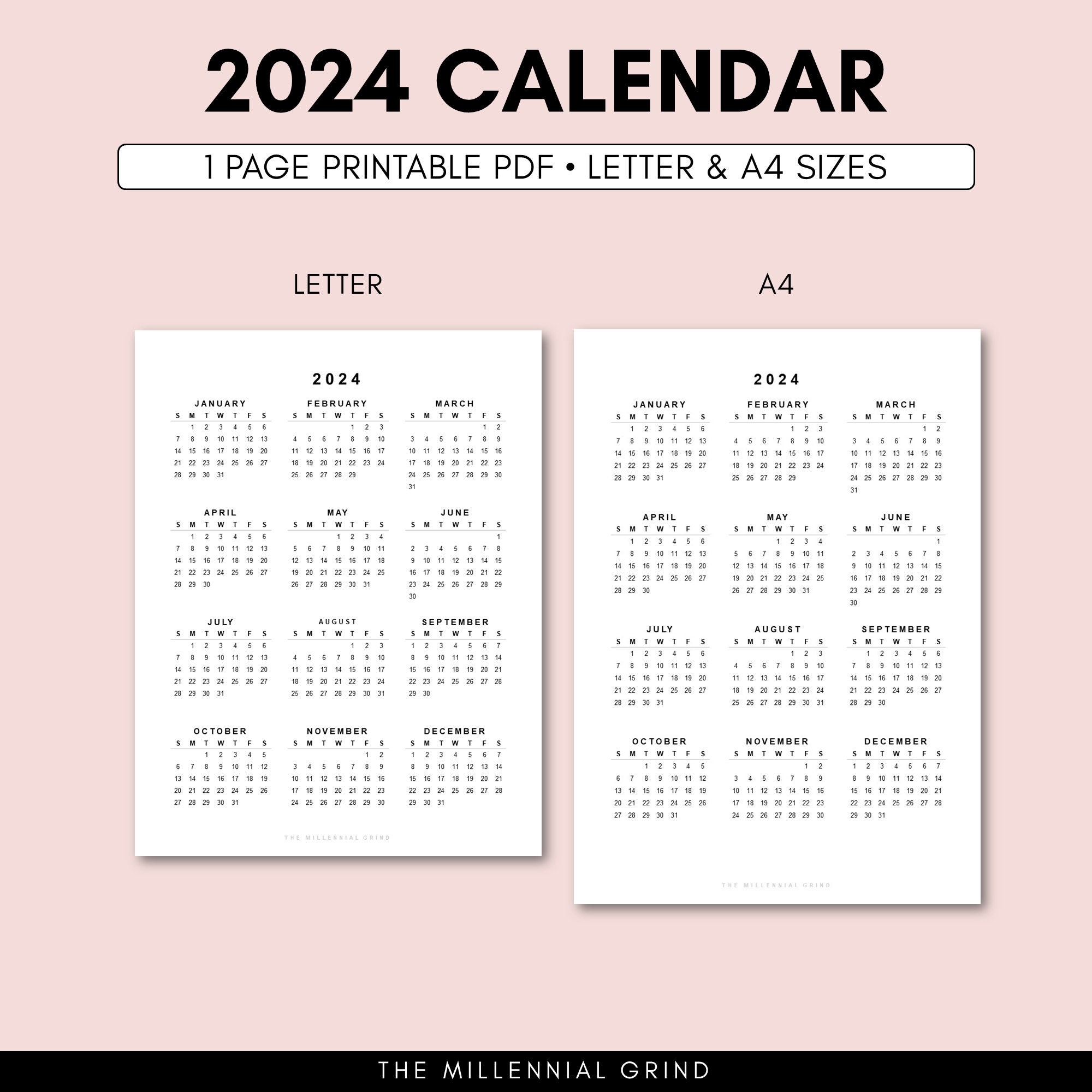 2024 Calendar Printable 2024 Calendar Template 2024 Calendar 2024 Calendar Digital 2024 Yearly Calendar 2024 Calendar A4 Letter Etsy