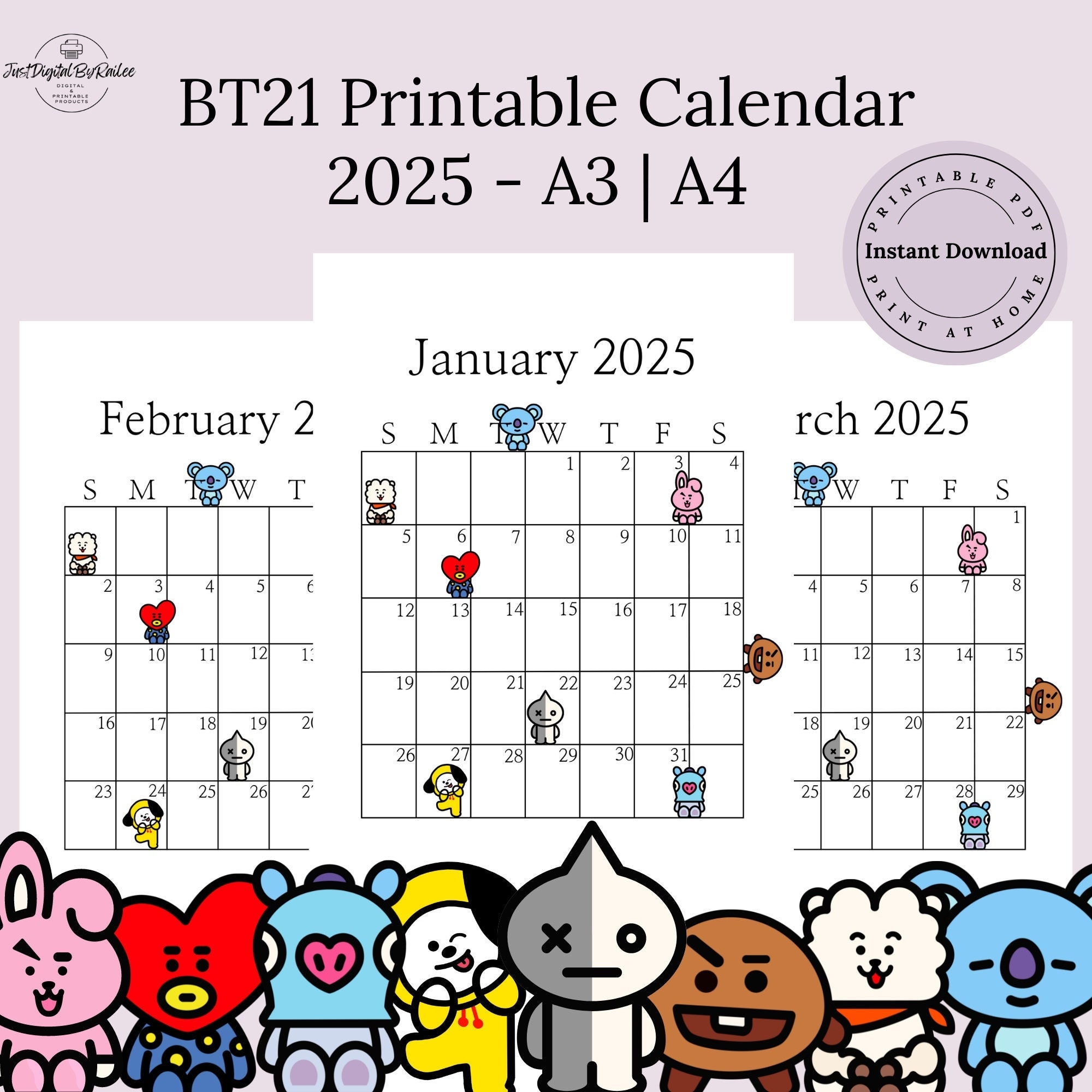 2025 BT21 Printable Calendar BTS Calendar Monthly Calendar A4 A3 Portrait Printable PDF Etsy