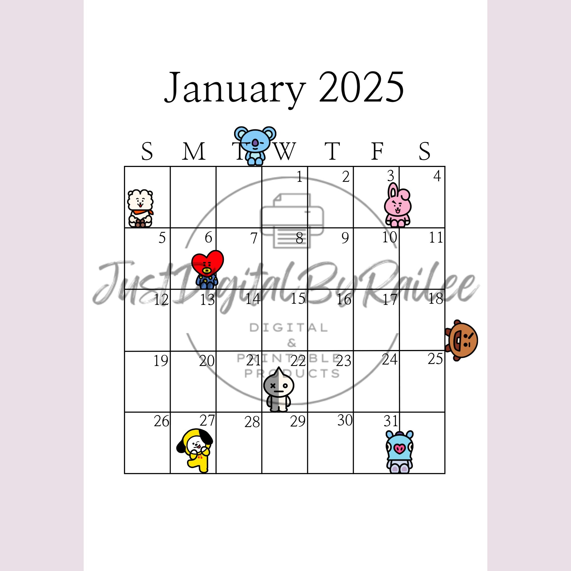 2025 BT21 Printable Calendar BTS Calendar Monthly Calendar A4 A3 Portrait Printable PDF Etsy
