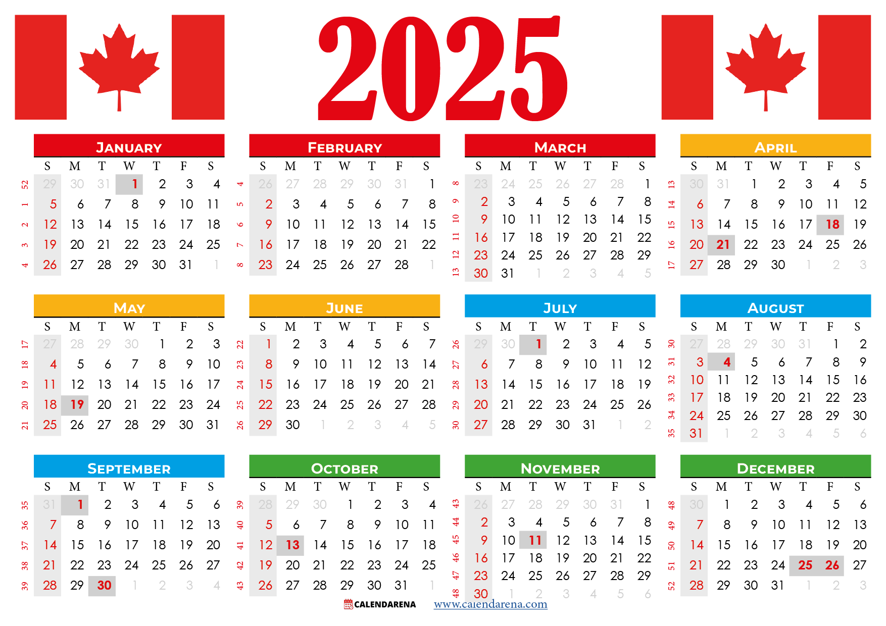 2025 Calendar Canada Printable Free