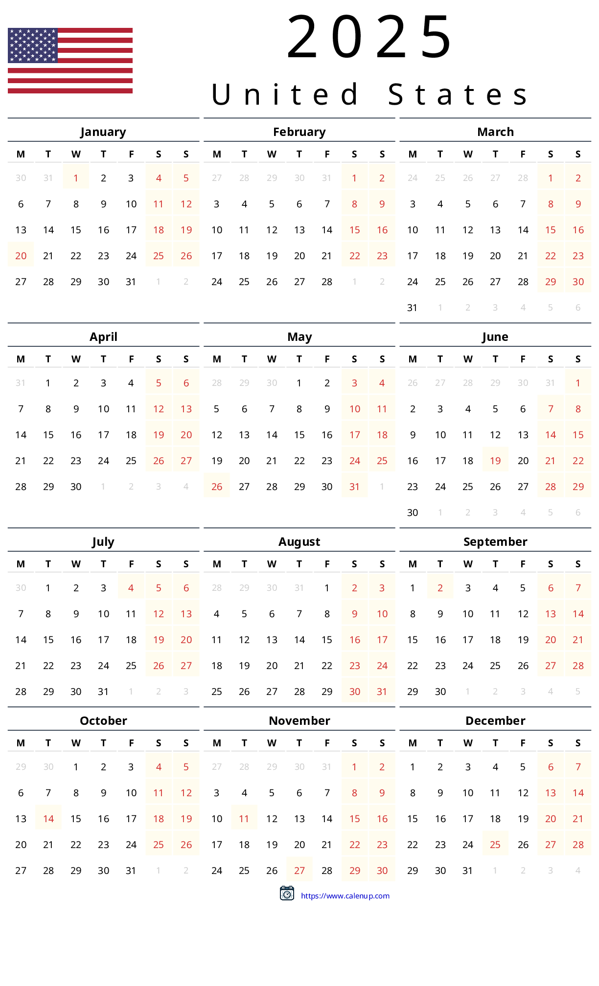 2025 Calendar Printable With Holidays For United States CalenUP