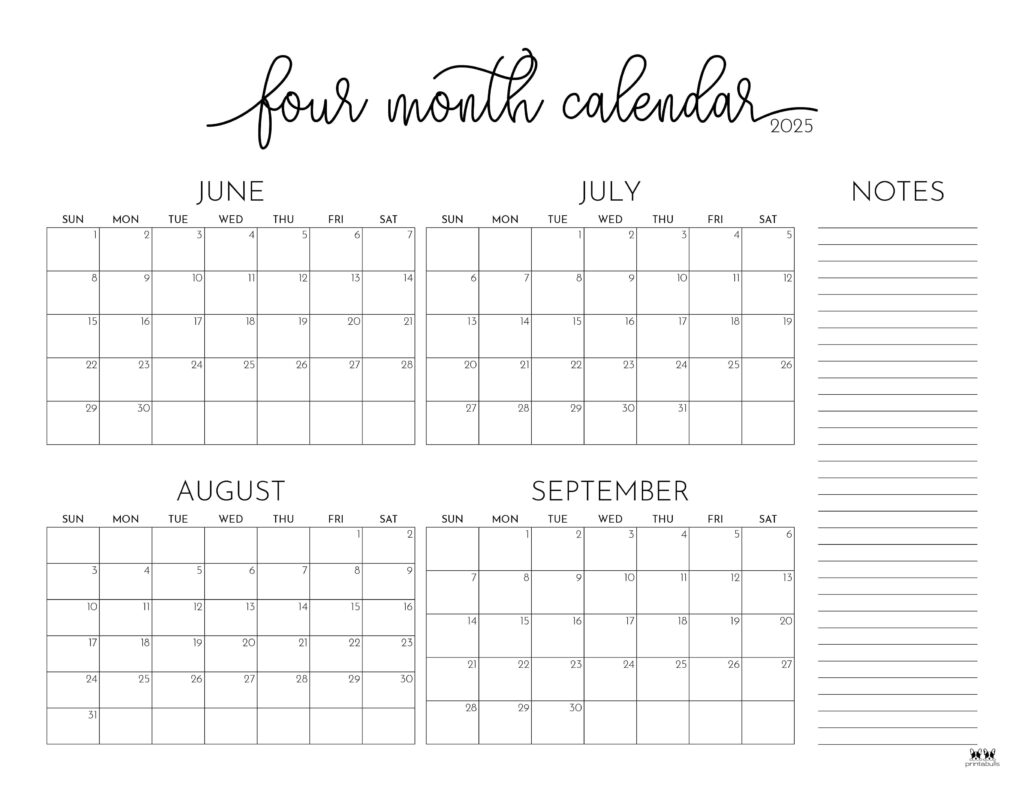 2025 Four Month Calendars 31 FREE Printables Printabulls