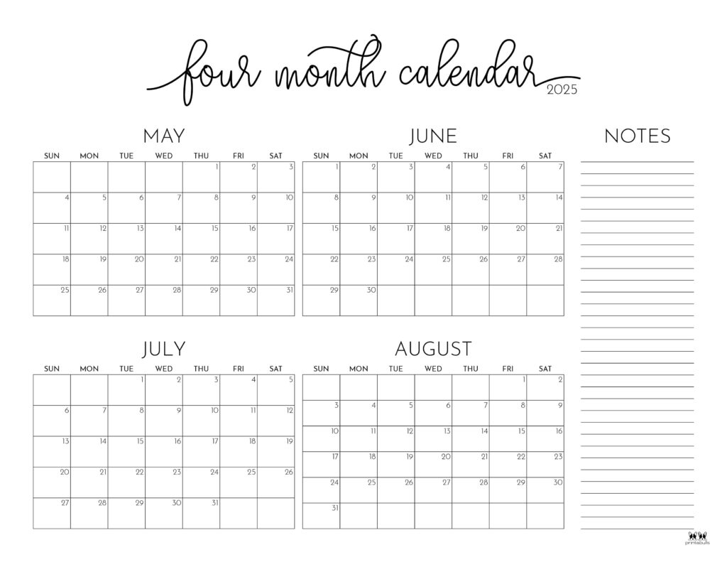 2025 Four Month Calendars 31 FREE Printables Printabulls