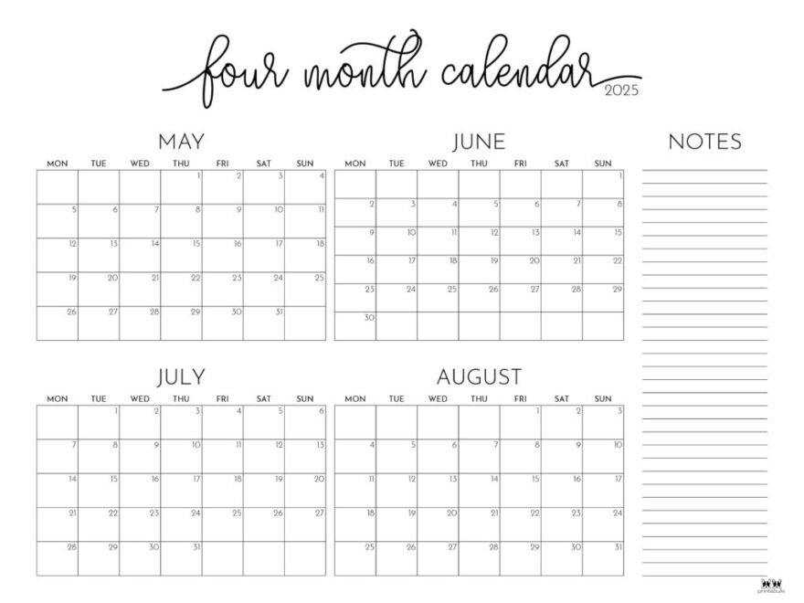 2025 Four Month Calendars 31 FREE Printables Printabulls