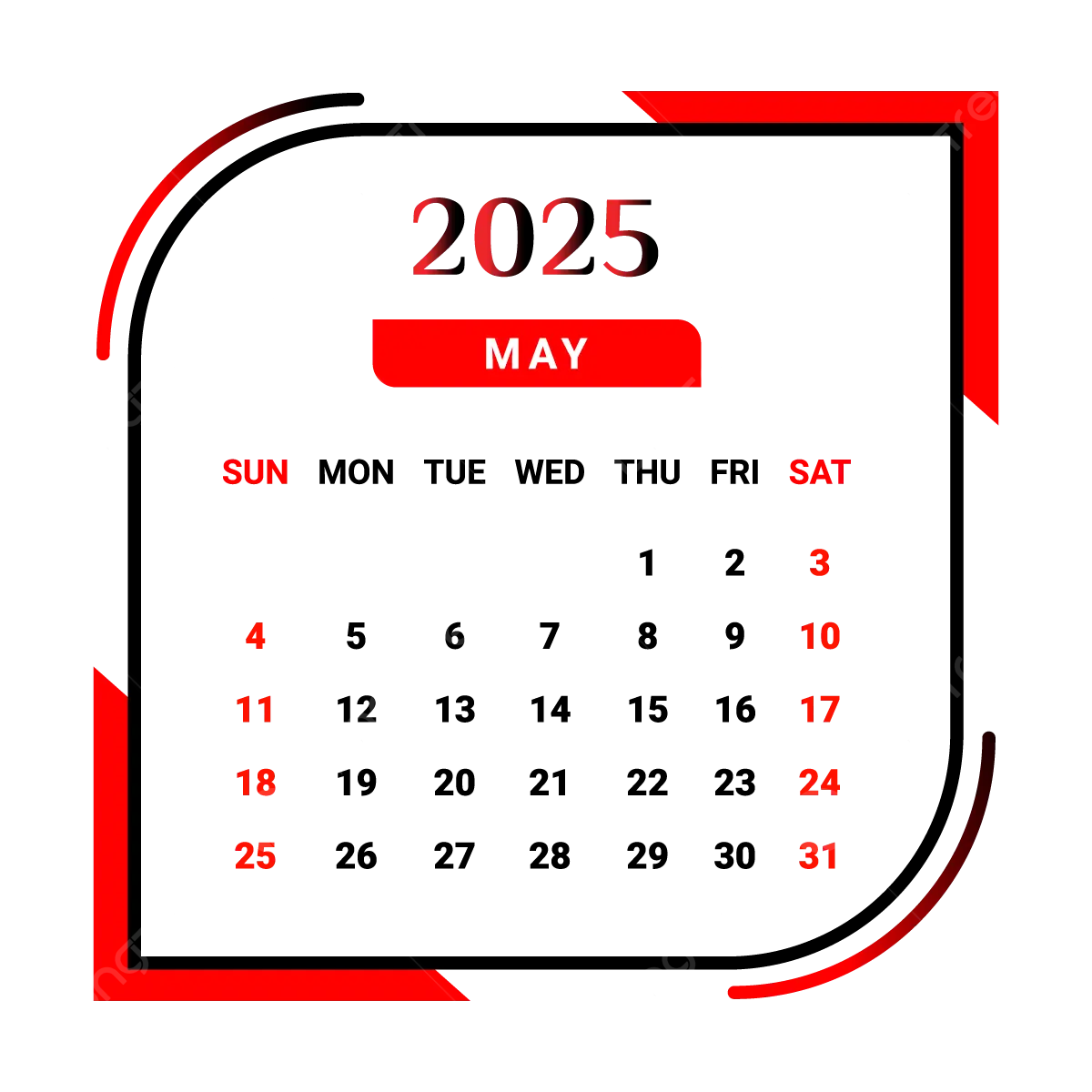 2025 May Month Calendar With Red And Black Vector Monthly Calendar Calendar May 2025 PNG And Vector With Transparent Background For Free Download 2025 May Month Calendar With Red And Black Vector Monthly Calendar Calendar May 2025 PNG And Vector With Transparent Background For Free Download