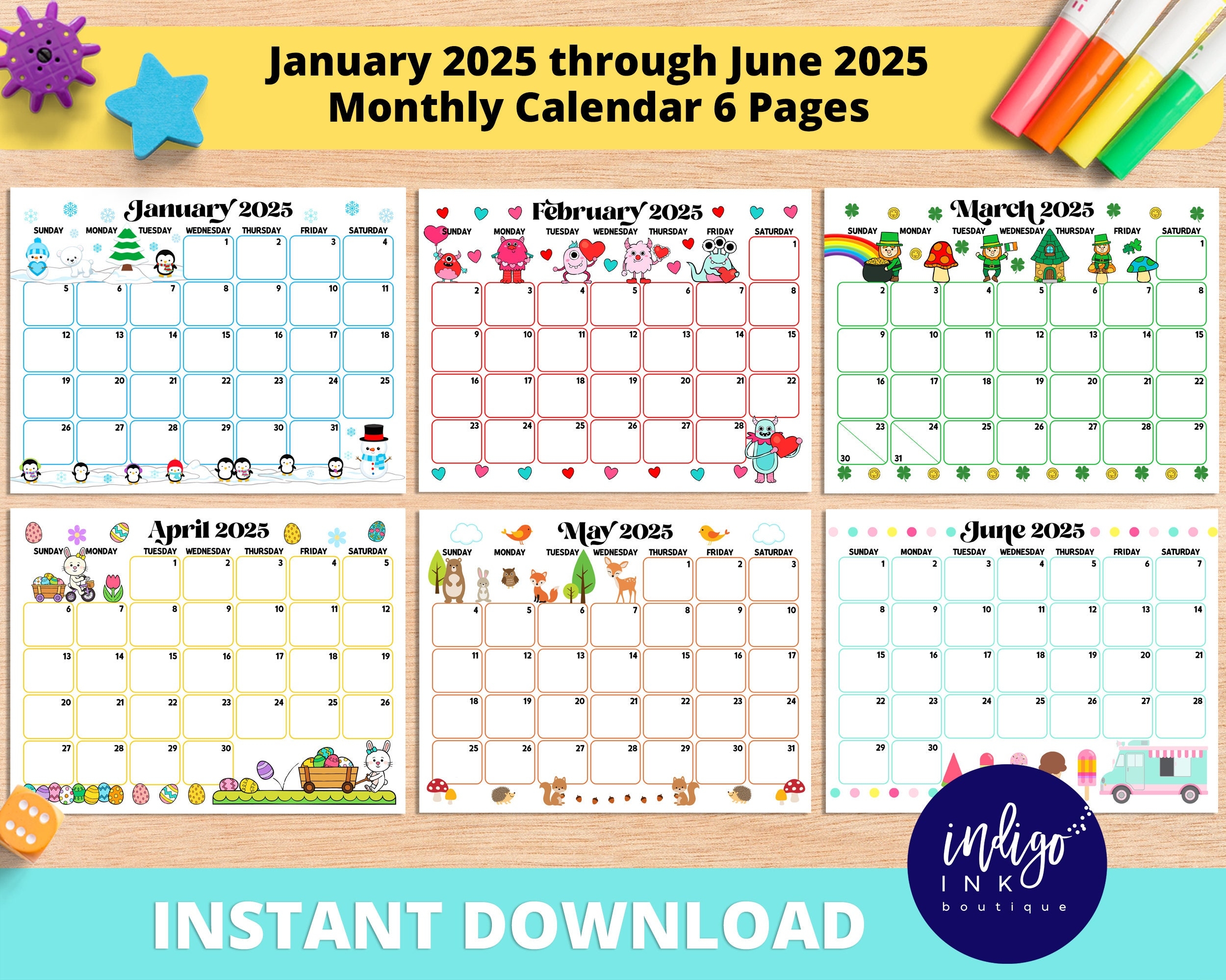 2025 Monthly Calendar Printable INSTANT DOWNLOAD January 2025 Through June 2025 Calendar Kids Printable Kids Monthly Calendar Etsy Israel
