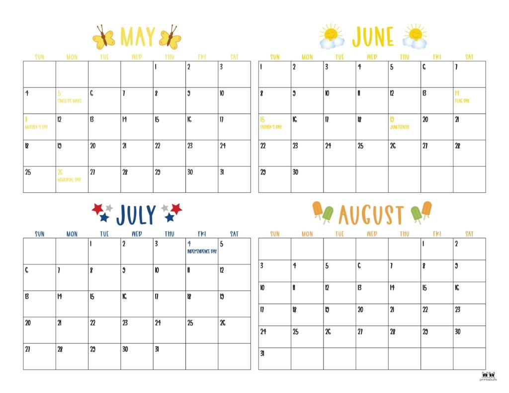2025 Summer Calendars 27 FREE Printables Printabulls