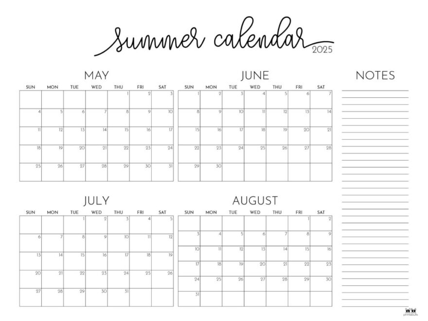 2025 Summer Calendars 27 FREE Printables Printabulls