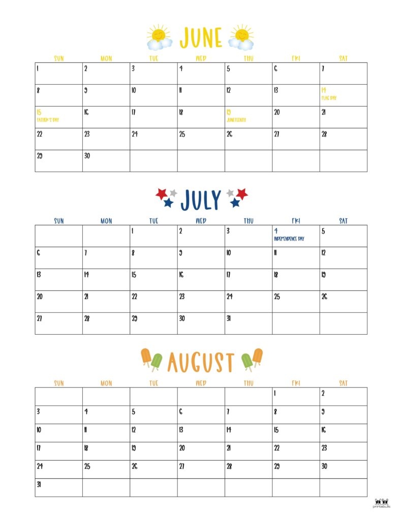 2025 Summer Calendars 27 FREE Printables Printabulls