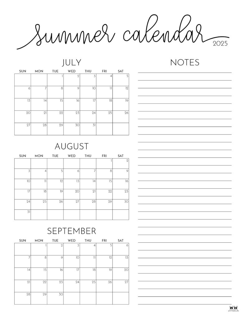 2025 Summer Calendars 27 FREE Printables Printabulls
