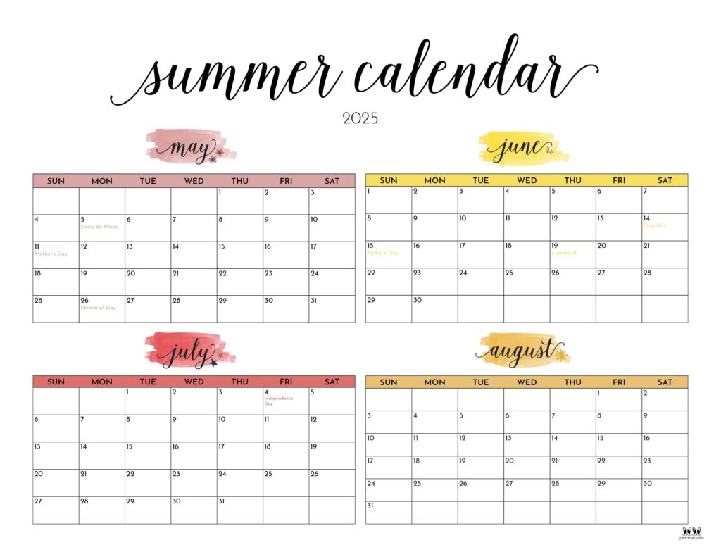 2025 Summer Calendars 27 FREE Printables Printabulls