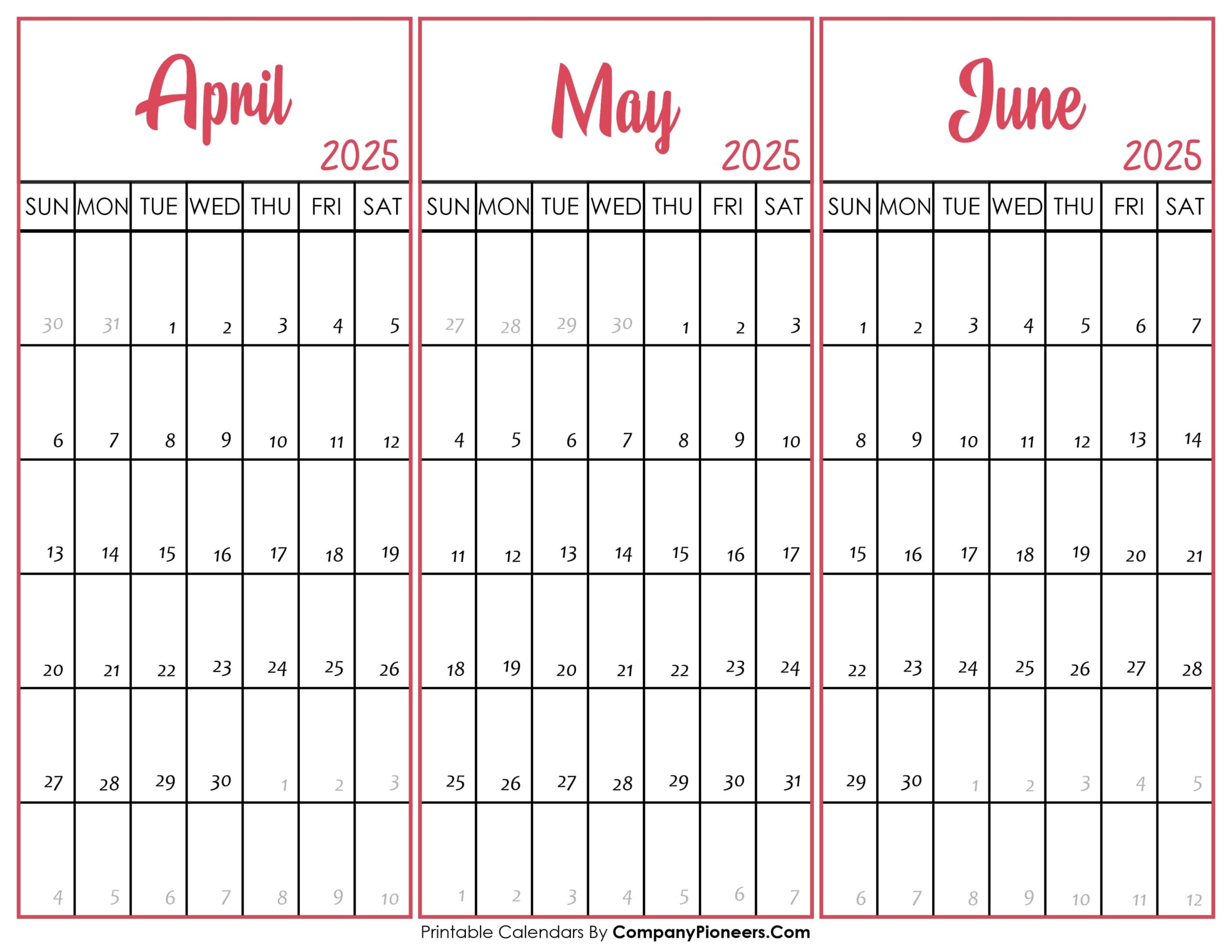 April May June 2025 Calendar Printable Template