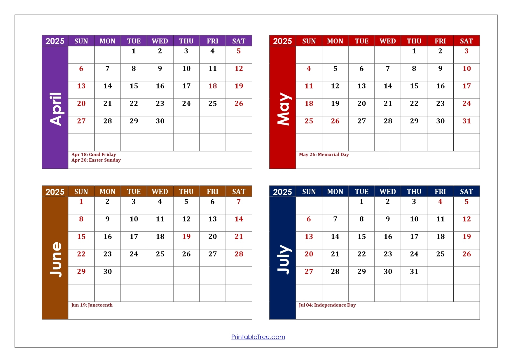 April To July 2025 Calendar Printable PDF Four Months Calendar