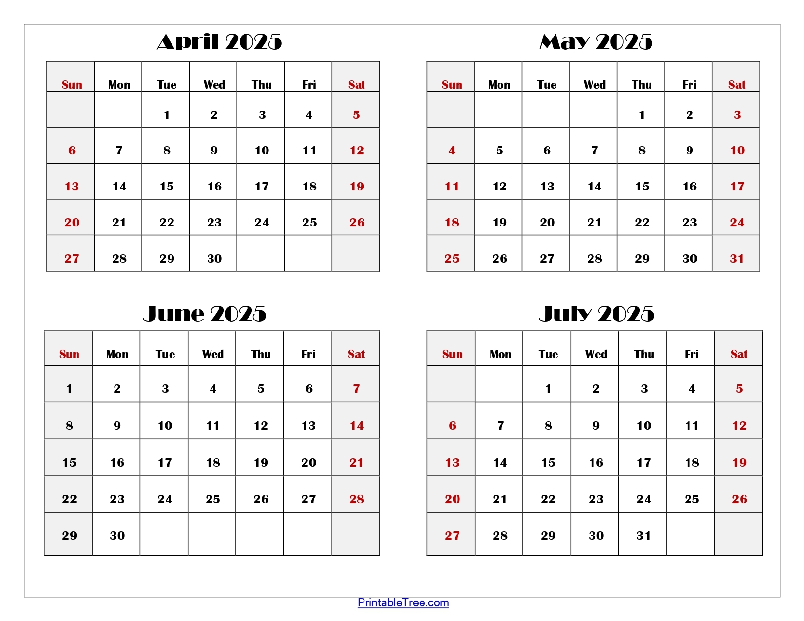 April To July 2025 Calendar Printable PDF Four Months Calendar