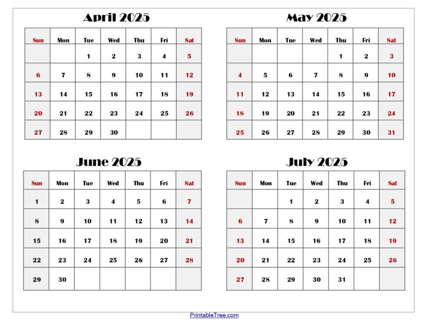 April To July 2025 Calendar Printable PDF Four Months Calendar