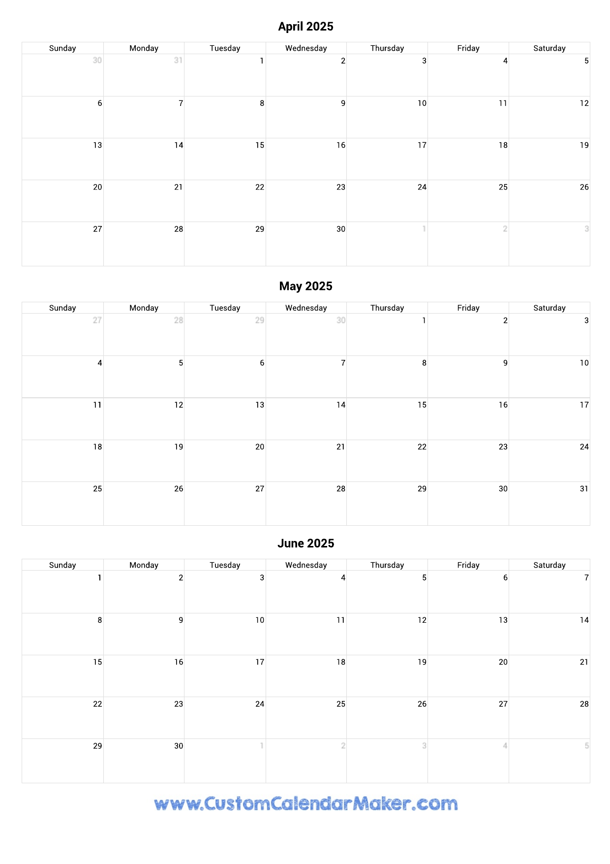 April To June 2025 Calendar Printable Custom Calendar Maker
