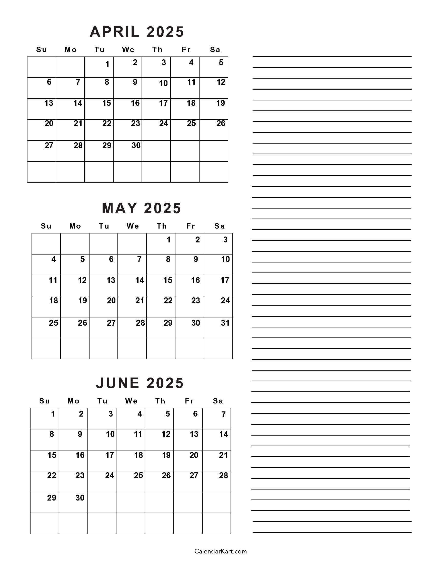 April To June 2025 Calendars Q2 Free Printables