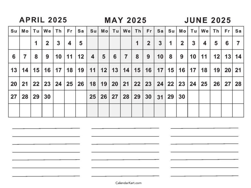 April To June 2025 Calendars Q2 Free Printables