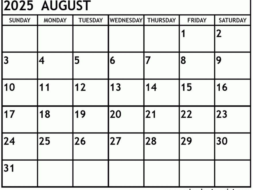 August 2025 Calendar Printable