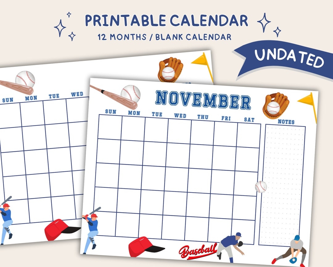 Baseball Undated Calendar Printable Baseball Monthly Milestone Baseball Cute Calendar Template Baseball Planner Printable Blank Calendar Etsy