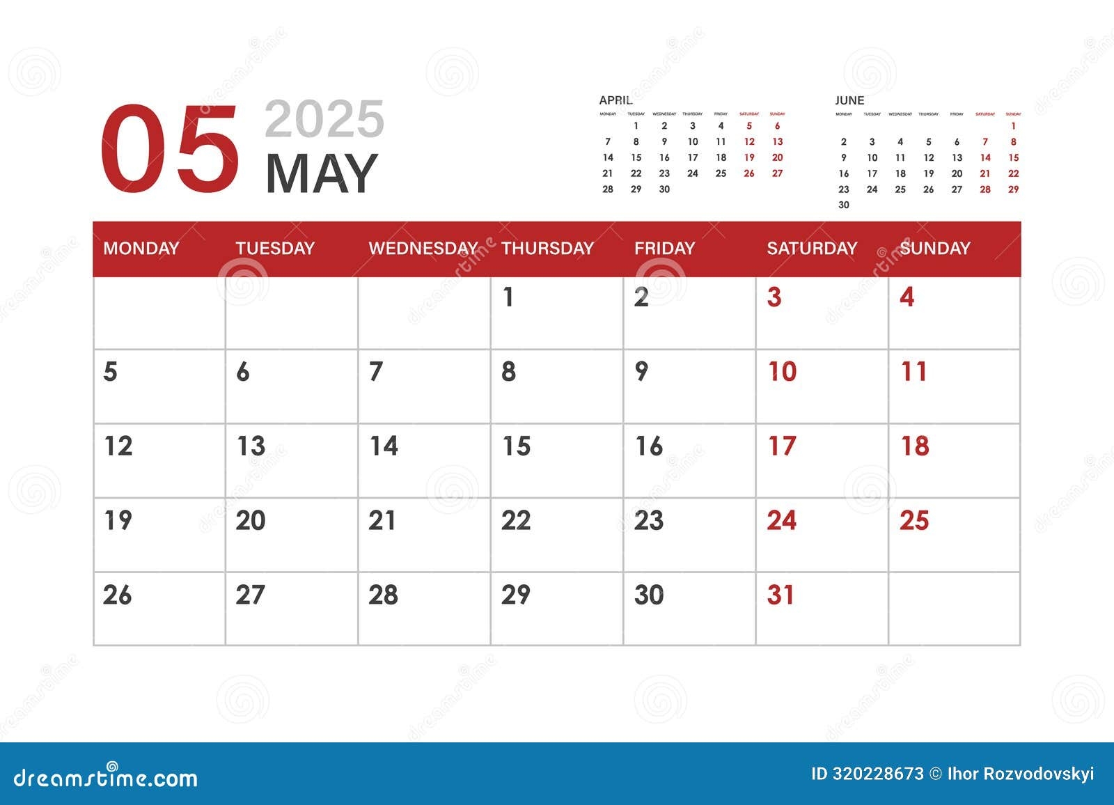 Calendar For May 2025 The Week Starts On Monday Stock Vector Illustration Of Simple Planner 320228673