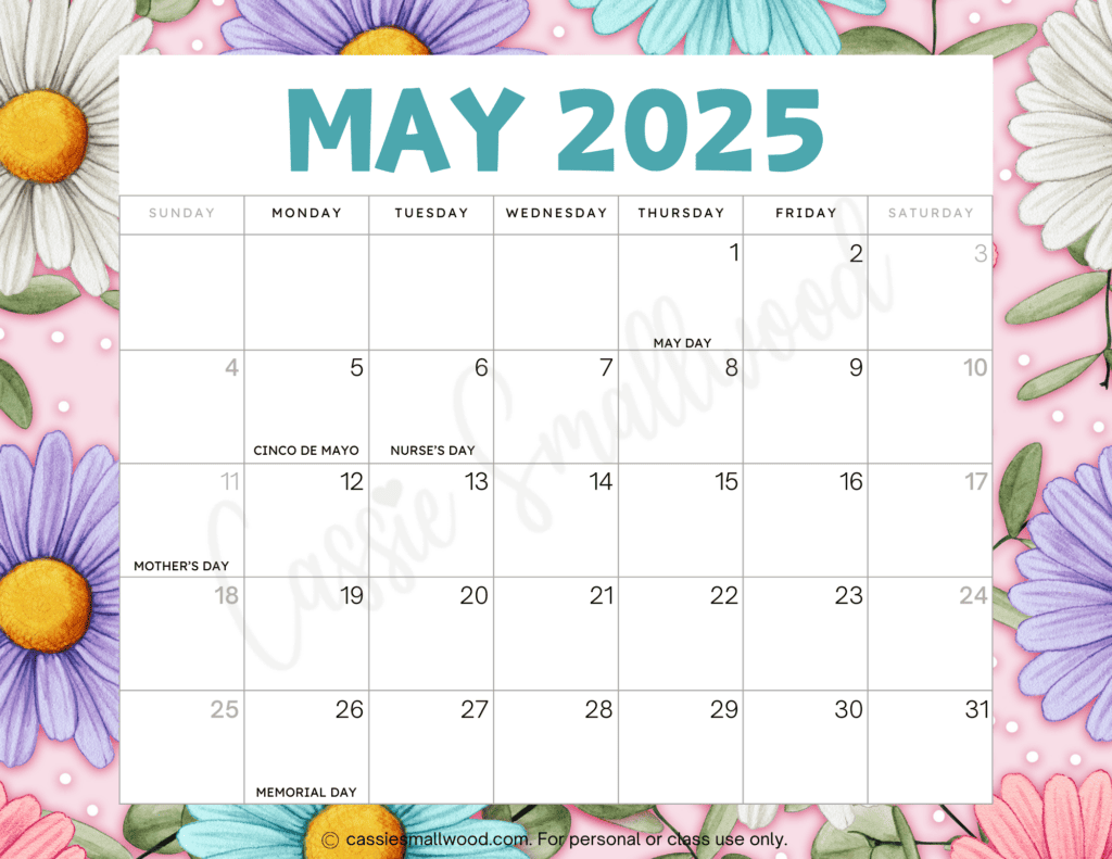 Free Printable May 2025 Calendar With Holidays Free Printable May 2025 Calendar With Holidays