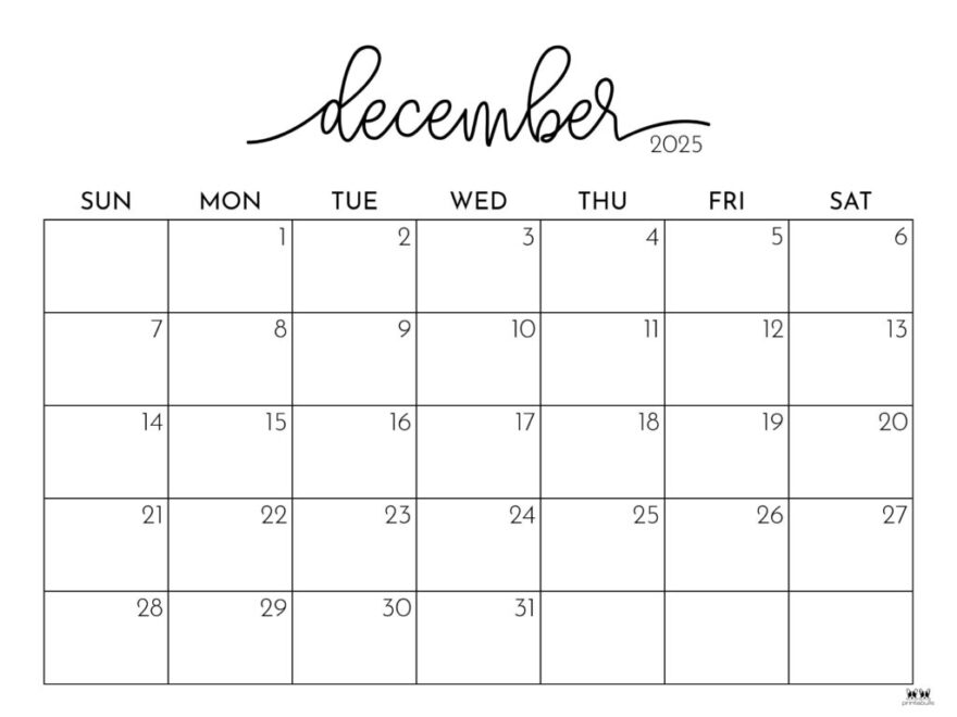 December 2025 Calendars 107 FREE Printables Printabulls