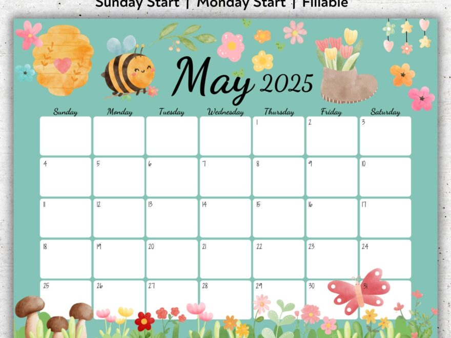 EDITABLE May 2025 Calendar Beautiful Spring Colorful Flowers Cute Bee Mushrooms Printable Fillable Planner Kids Weekly Schedule PDF Etsy