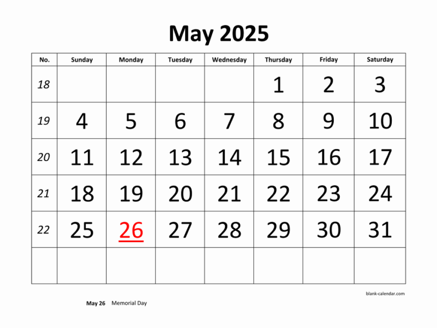 Free Download Printable May 2025 Calendar Large Font Design Holidays On Red