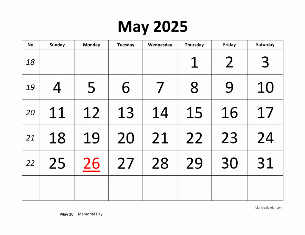 Free Download Printable May 2025 Calendar Large Font Design Holidays On Red