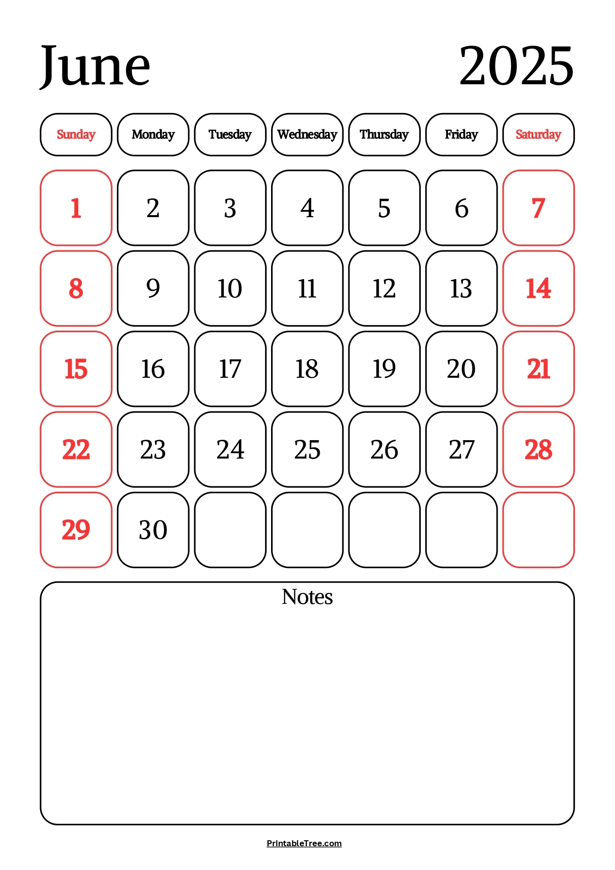 June 2025 Calendar With Notes