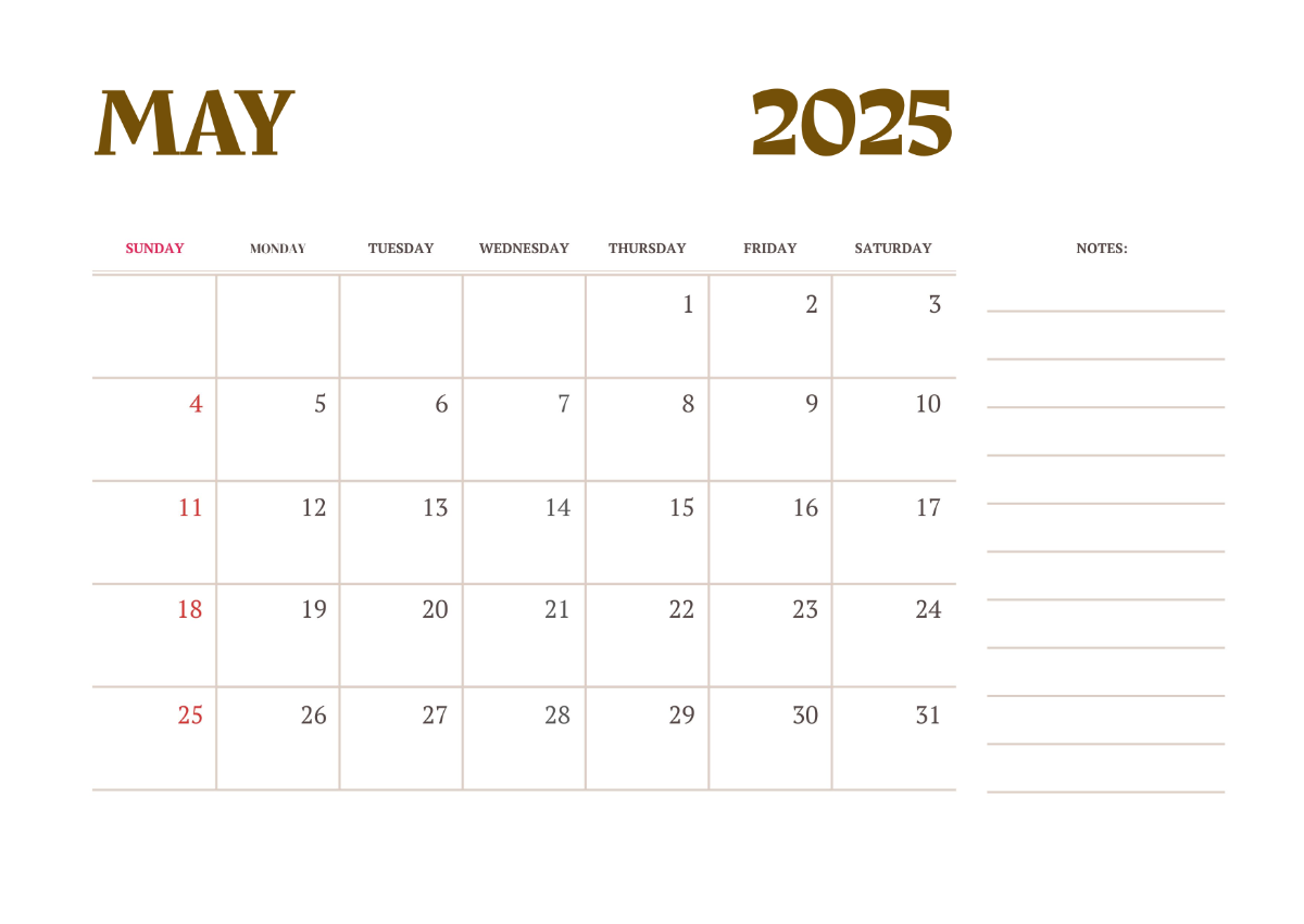 Free May 2025 Calendar With Notes Template To Edit Online Free May 2025 Calendar With Notes Template To Edit Online
