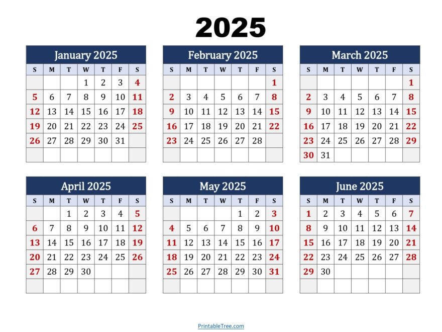 January To June 2025 Calendar Printable PDF Si Months Calendar