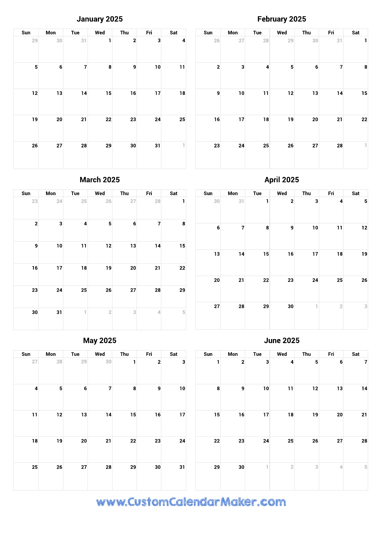 January To June 2025 Printable Calendar Custom Calendar Maker