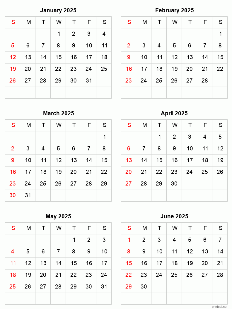 January To June 2025 Printable Calendar Six Months Per Page Printable Calendar