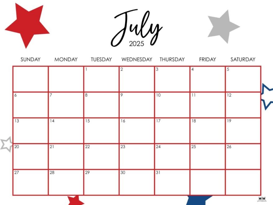July 2025 Calendars 107 FREE Printables Printabulls