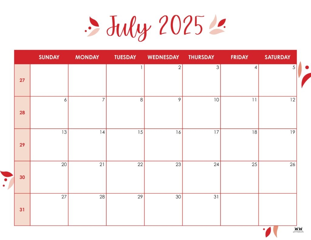 July 2025 Calendars 107 FREE Printables Printabulls