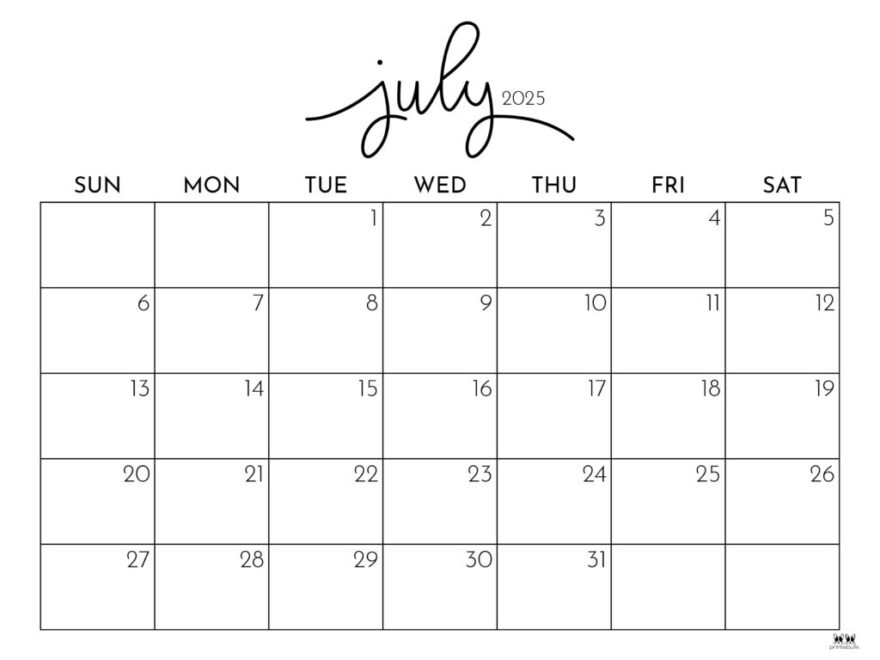 July 2025 Calendars 107 FREE Printables Printabulls