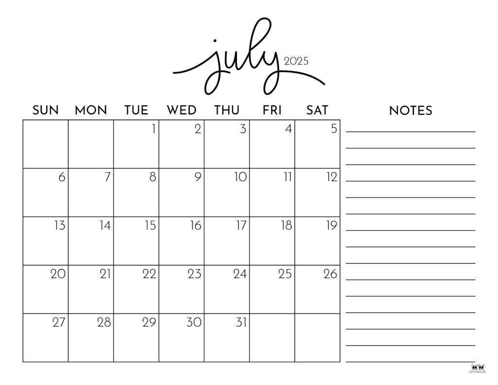 July 2025 Calendars 107 FREE Printables Printabulls