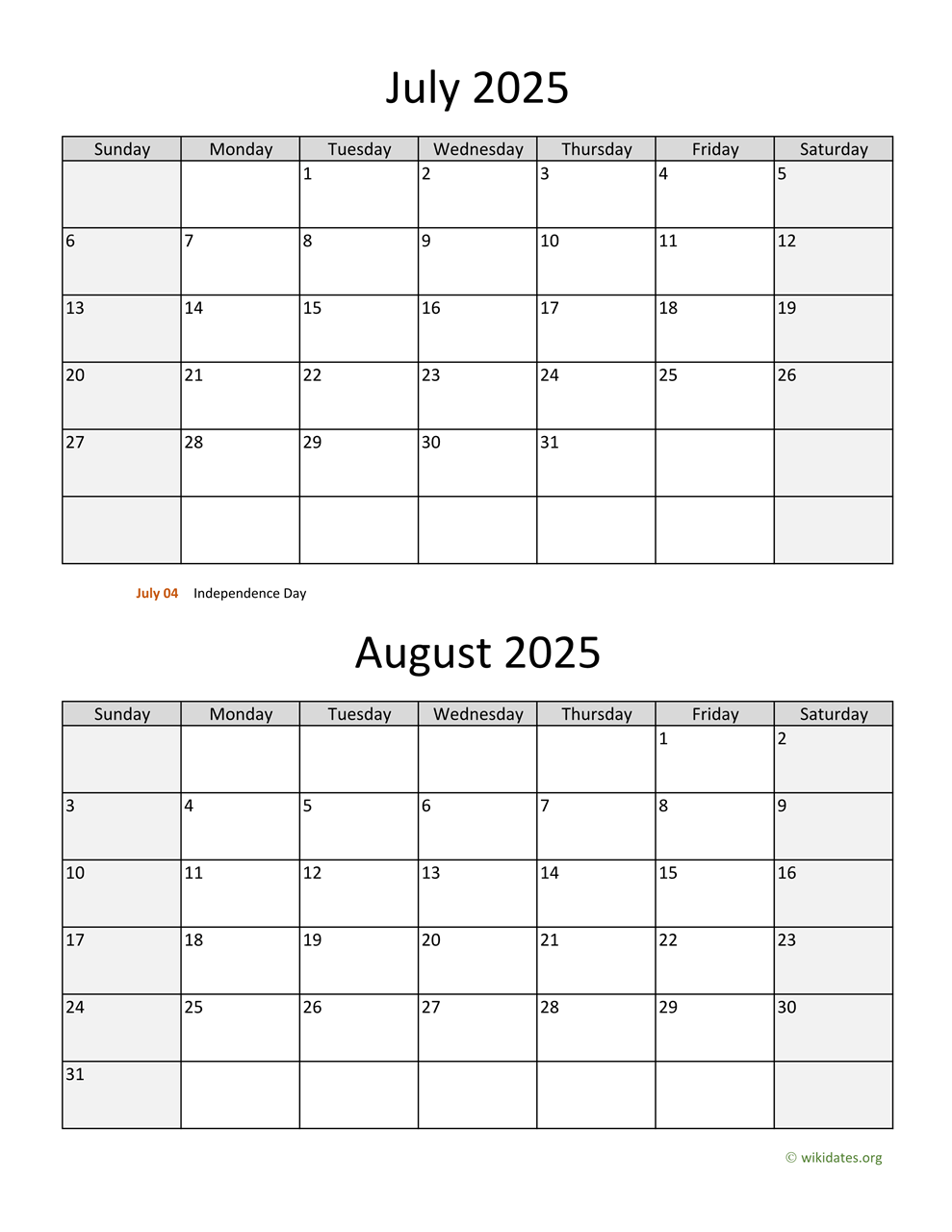 June July And August Calendar 2025