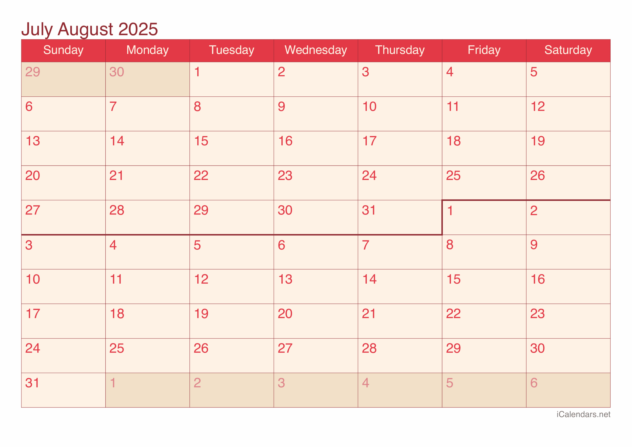 2025 Calendar June July August