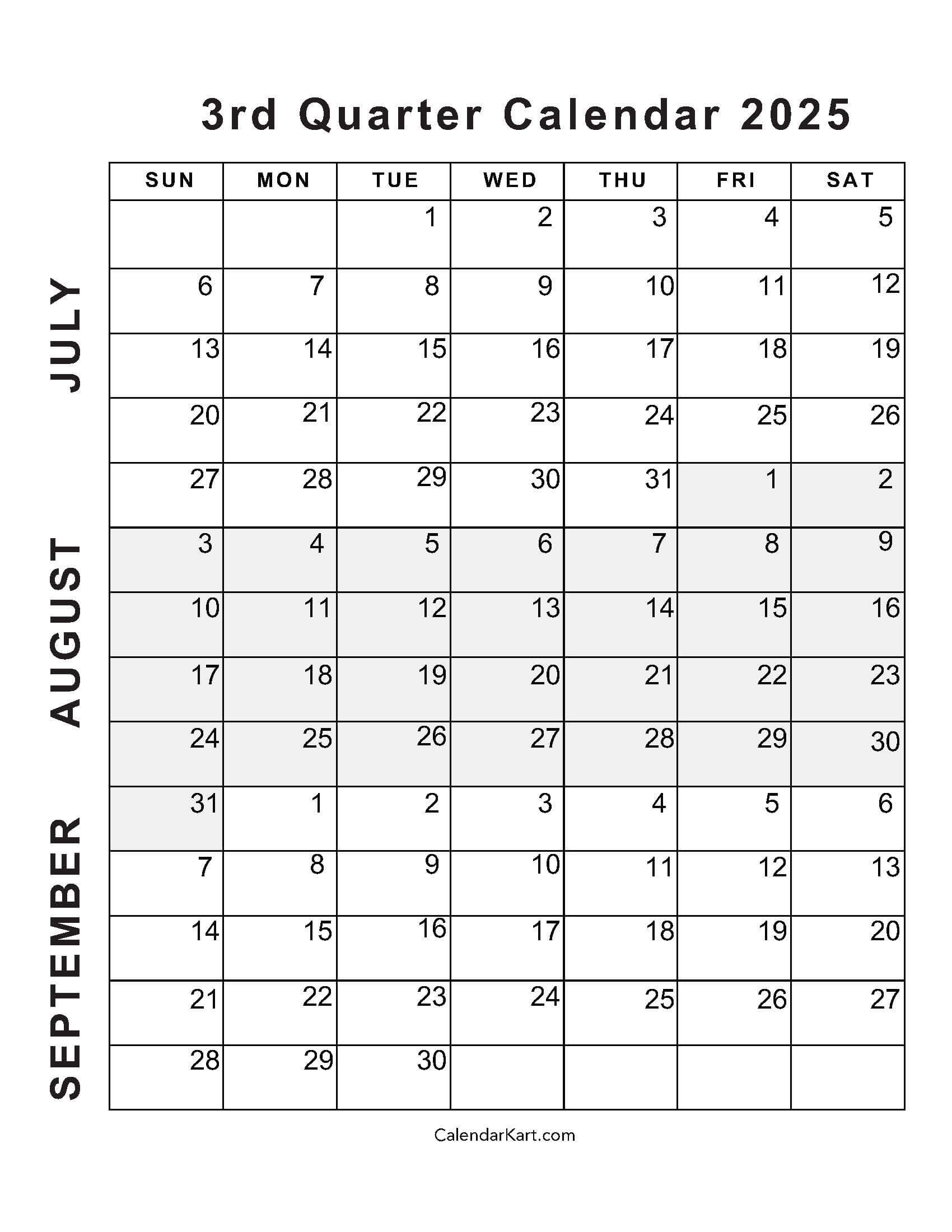 July To September 2025 Calendar Q3 CalendarKart
