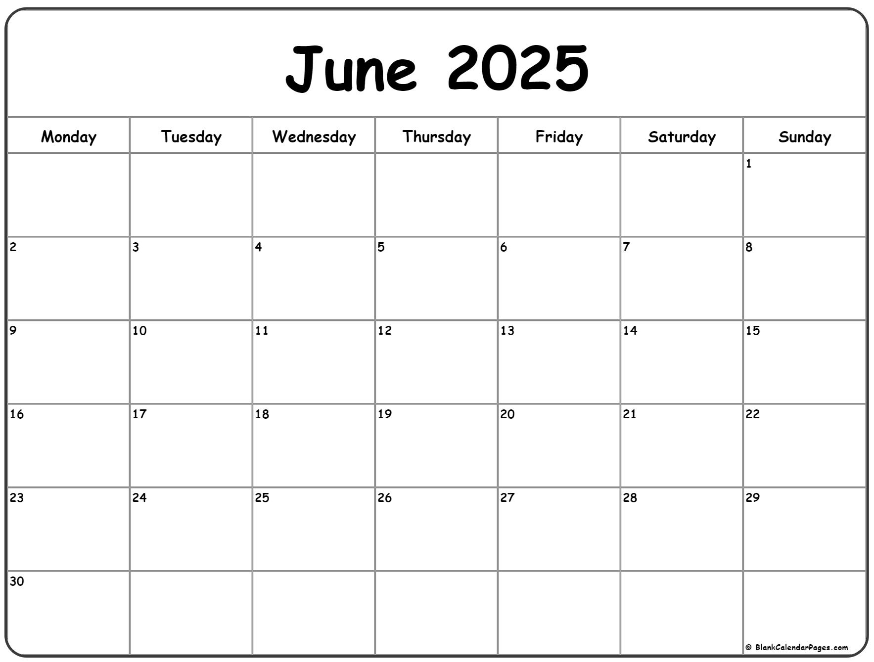 June 2025 Monday Calendar Monday To Sunday