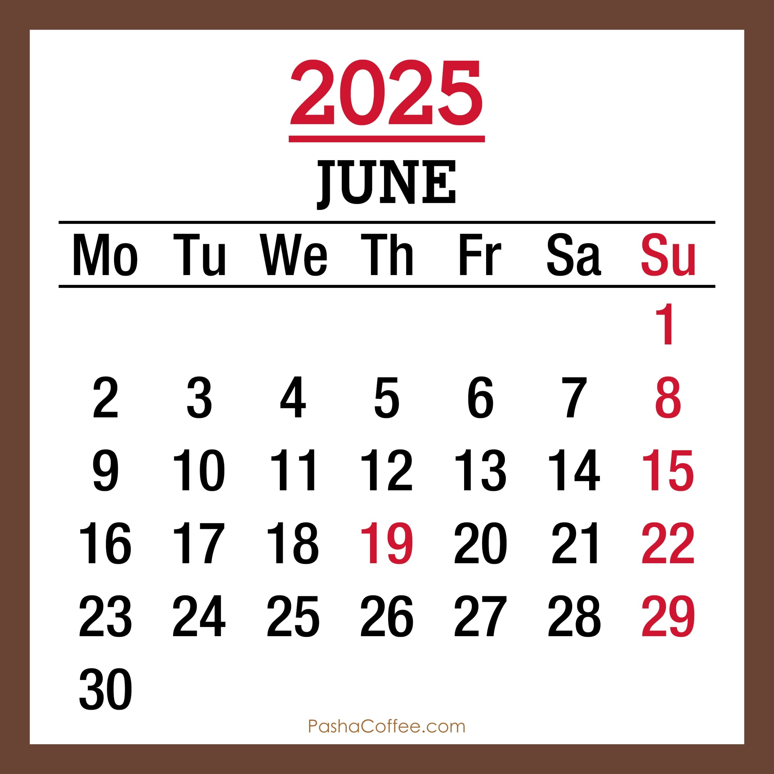 June 2025 Calendar Monday Start