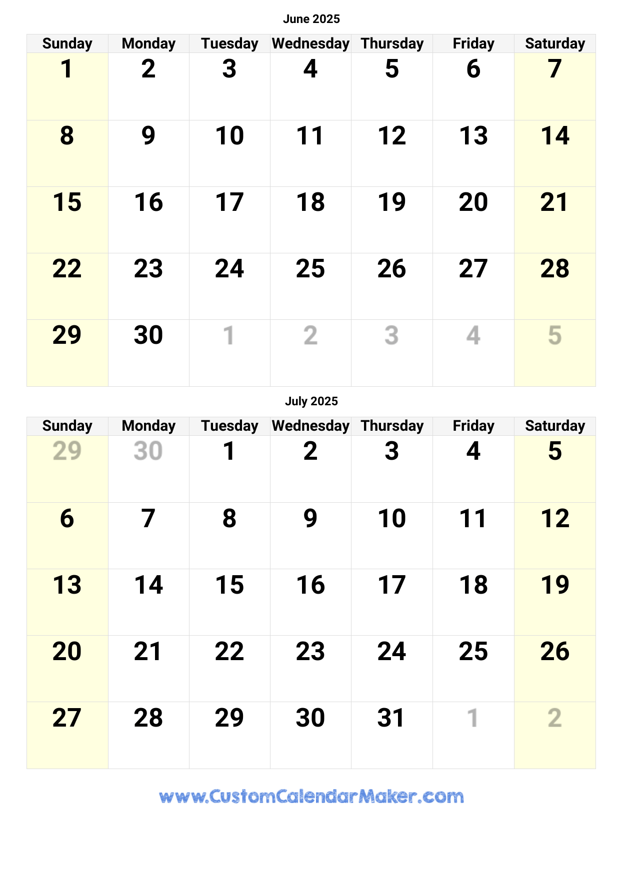 June And July 2025 Calendar Custom Calendar Maker