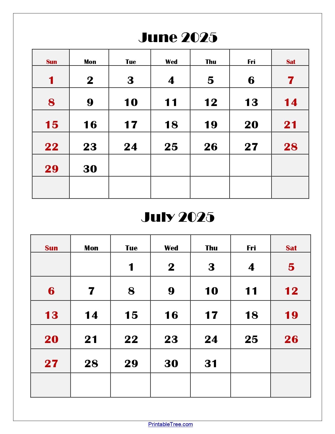 June July Calendar 2025 Printable