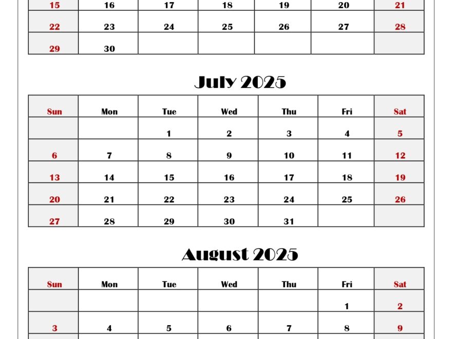 June To August 2025 Calendar Printable PDF Three Months Calendar
