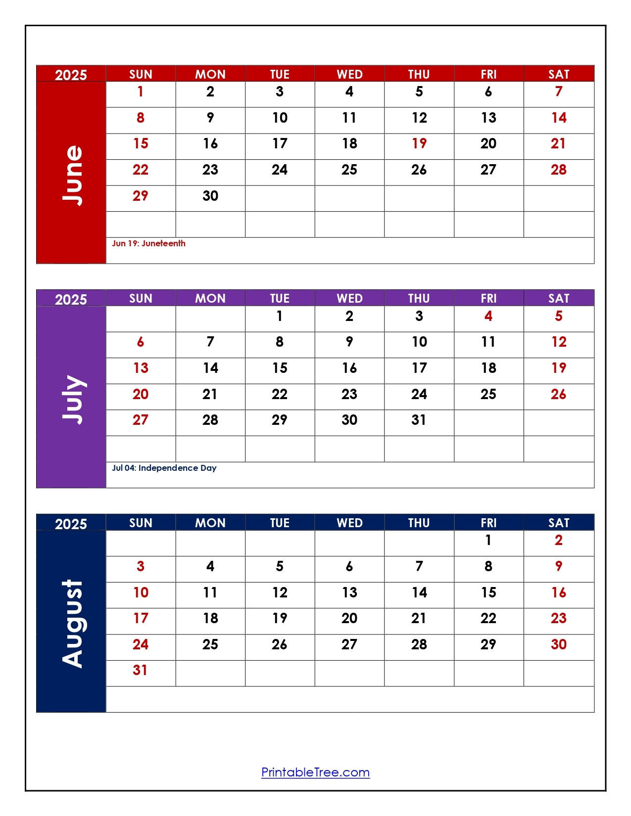 Printable Calendar 2025 June July August