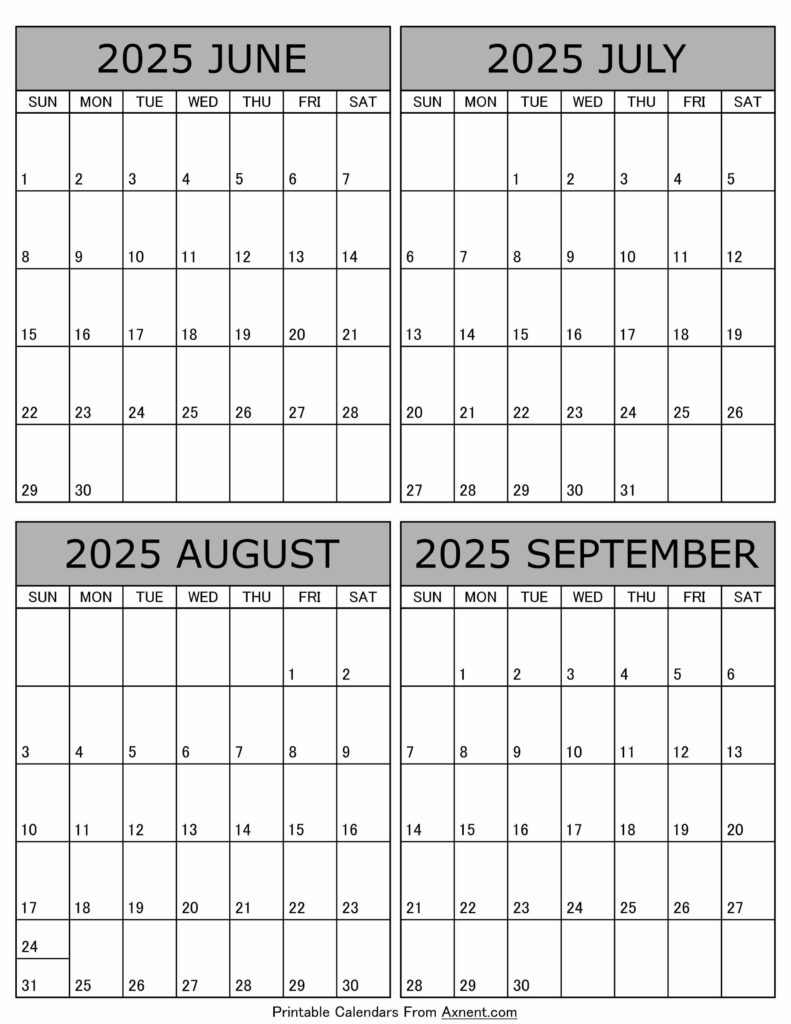 May June July August September2025 Printable Calendar