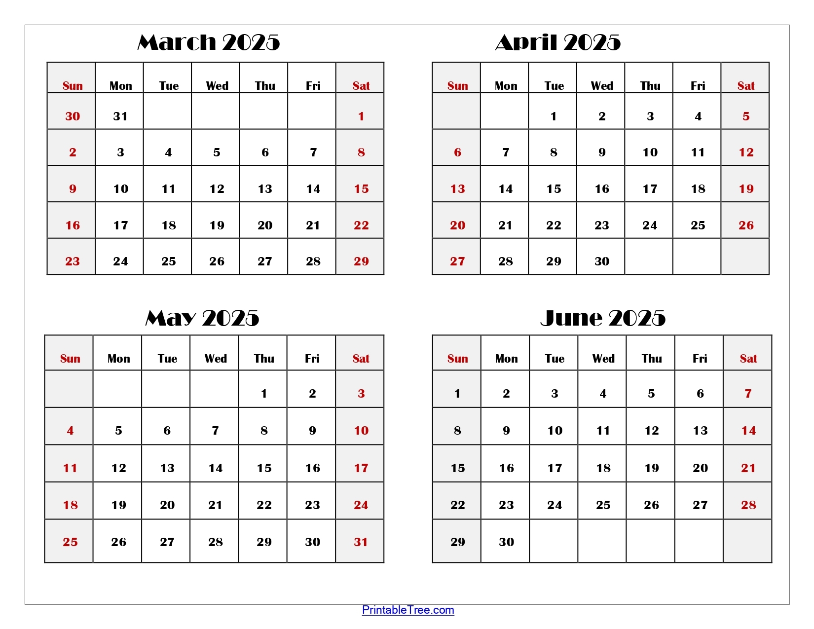 March To June 2025 Calendar Printable PDF Four Months Calendar